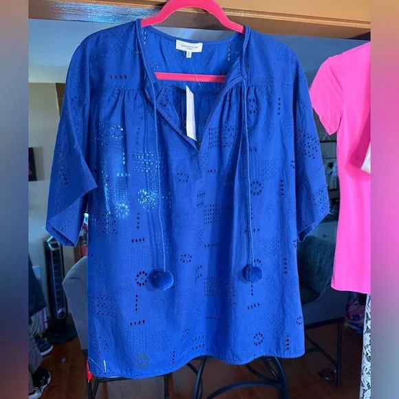 Lafayette 148 New York NWT Sz 1  Beautiful Blue Joplin Eyelet Long Sleeve Blouse - Picture 4 of 9